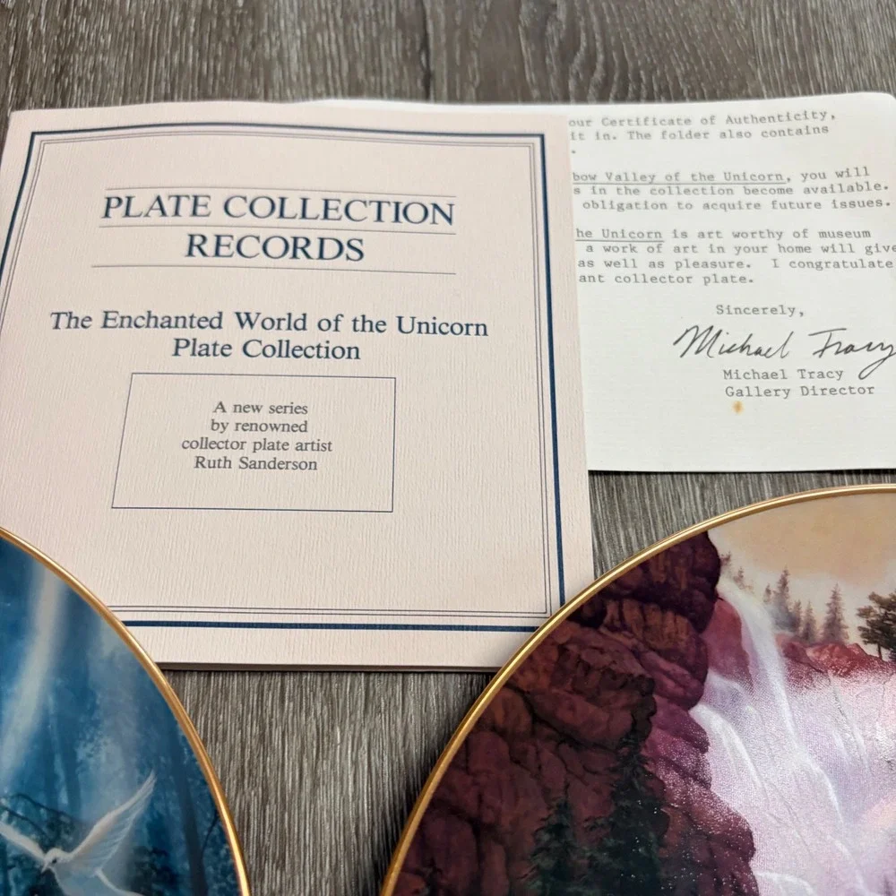 Vintage Ruth Sanderson Unicorn Collector Plate Set of 3 Fantasy Decor Gold Rim